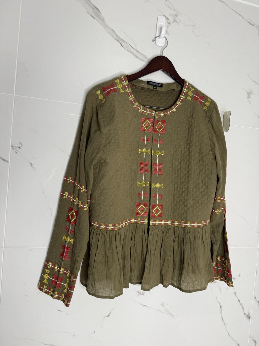 Olive Green Embroidered Jacket L Military Boho Embroidered Aztec Cotton Festival